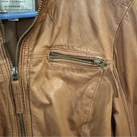 Lucky Brand Camel Leather Collarless Moto Jacket. Large